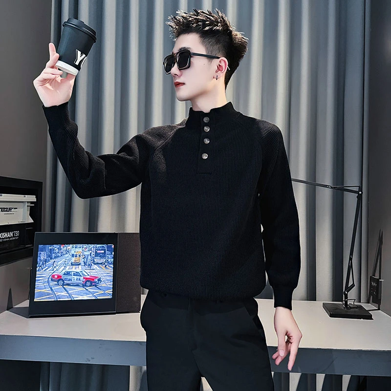2025秋冬季新款潮牌灰色针织衫男士纽扣高端休闲修身打底衫男毛衣