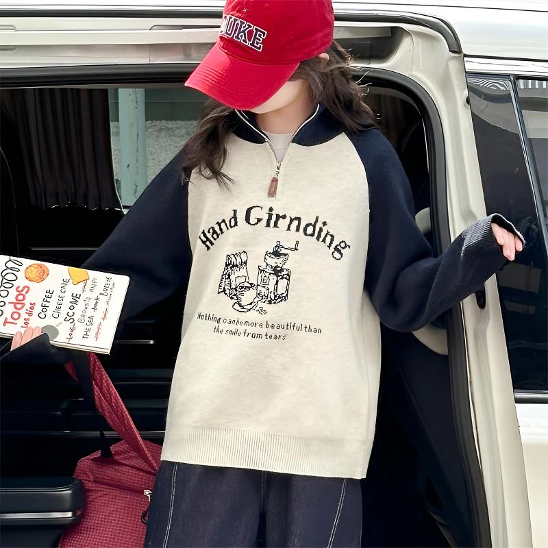 女童半高领插肩袖毛衣女孩春秋套头卫衣学生上衣中大童学生6-15岁