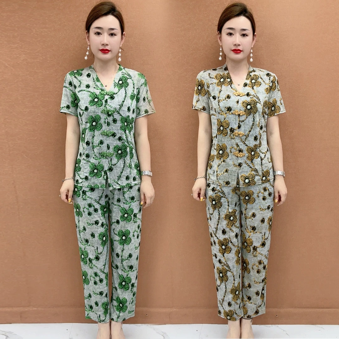 两件套装新中式妈妈V领洋气质显瘦遮肚小衫上衣裤子一整套松紧腰