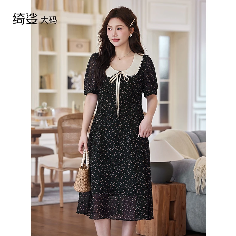 绮娑大码女装连衣裙夏新款雪纺碎花短袖A字收腰显瘦胖MM边衣裙