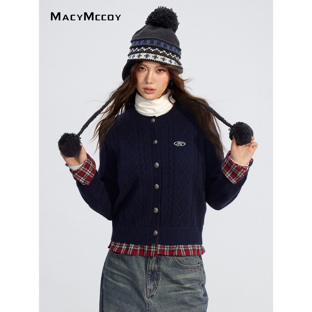 MacyMccoy格子衬衫拼接毛衣女冬季学院风单穿/叠穿软糯针织上衣