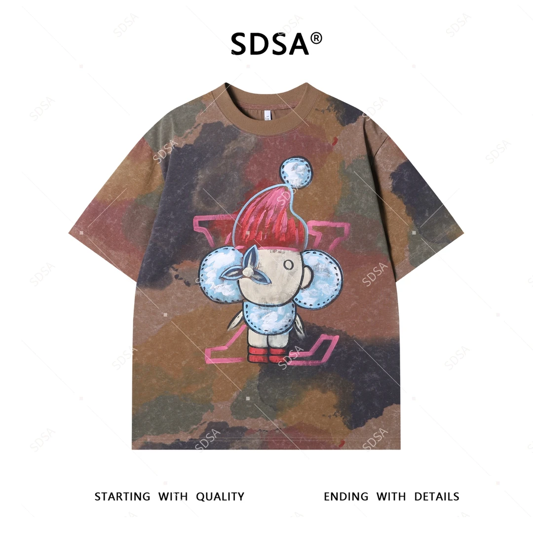 SDSA夏季新款男士痞帅抽象彩色涂鸦印花圆领短袖T恤宽松休闲百搭