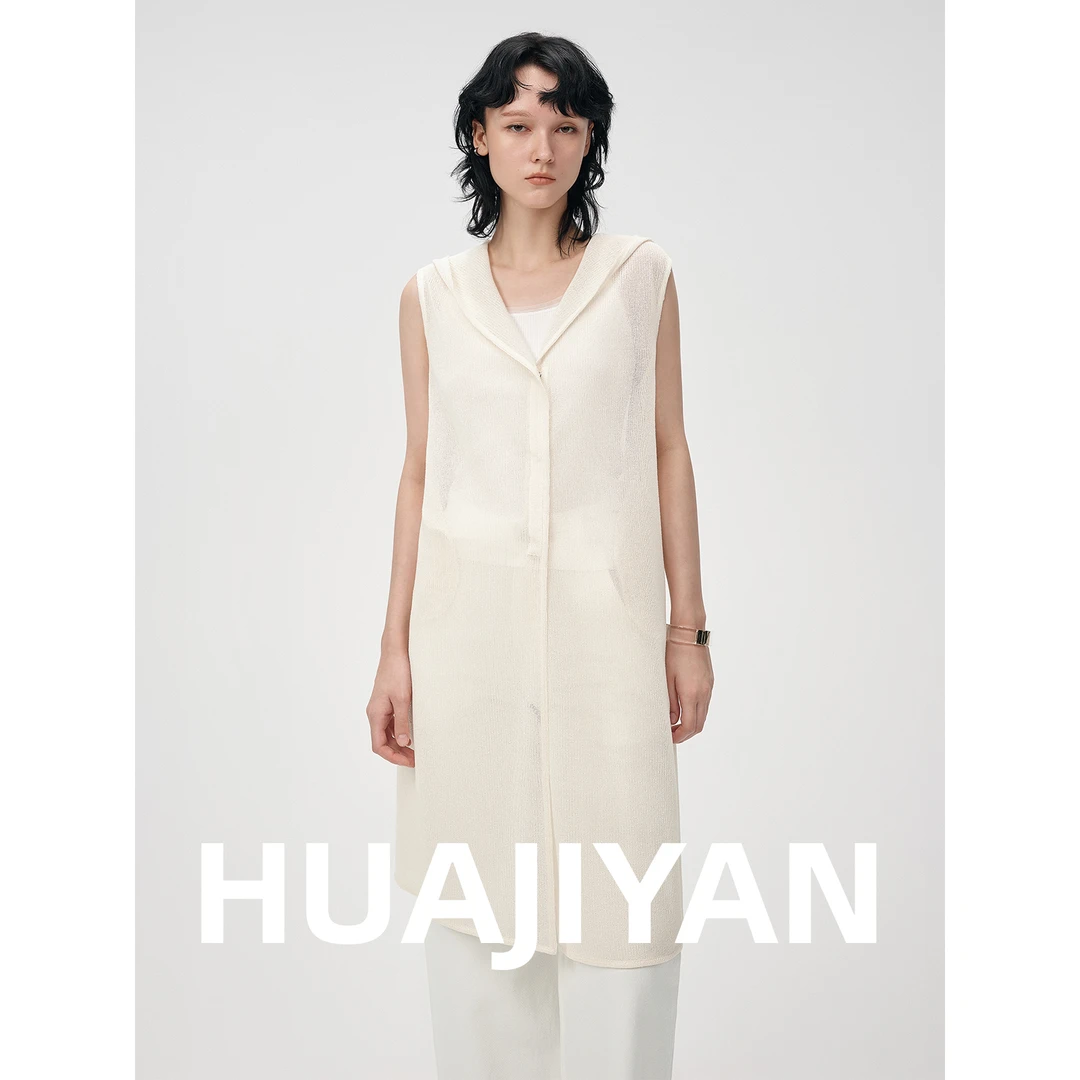 华吉言/HUAJIYAN【松月】定制面料无袖连帽中长款外套