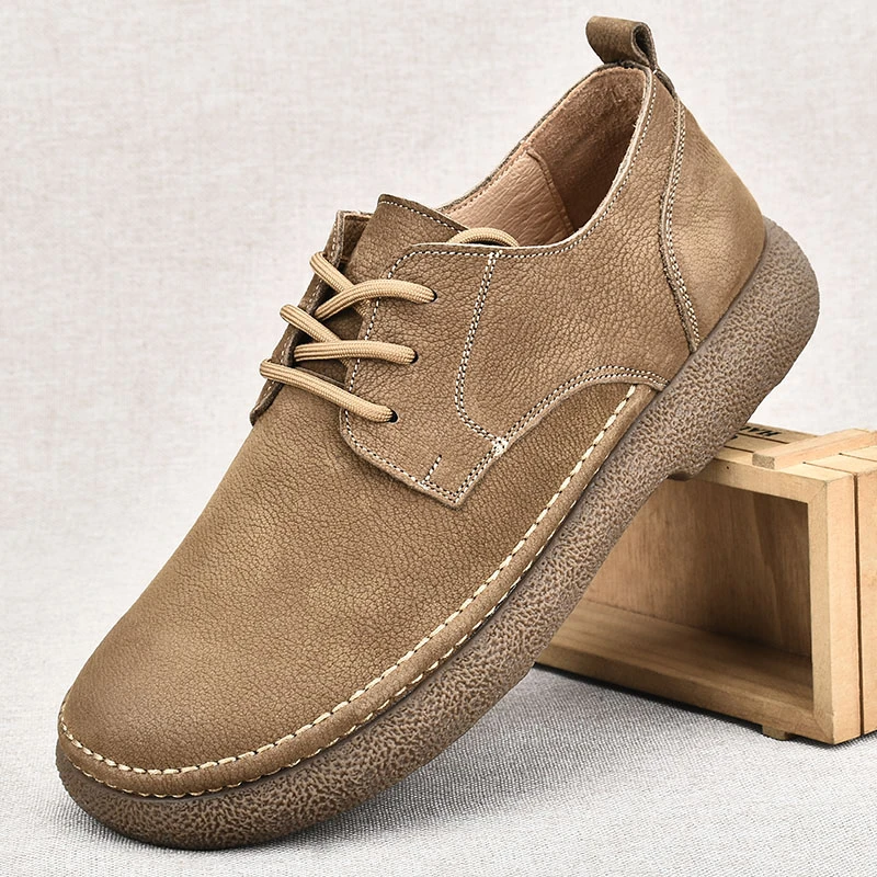 夏季新款男士休闲头层牛皮板鞋透气真皮复古低帮系带厚底休闲皮鞋