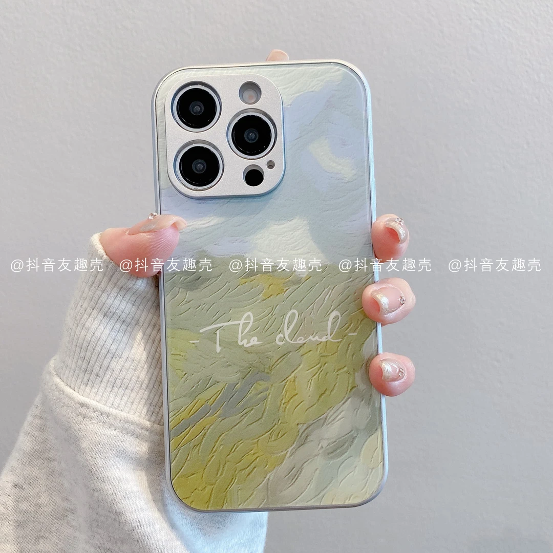 适用于苹果16新款华为vivo小米oppo金属玻璃简单治愈潮款英文油画