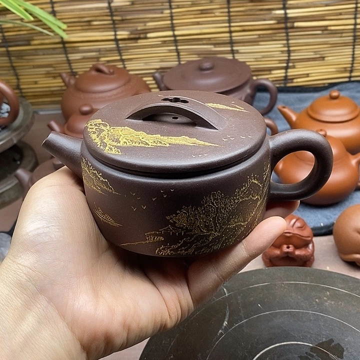 茶壶紫砂原矿老紫泥汉瓦描金紫砂壶