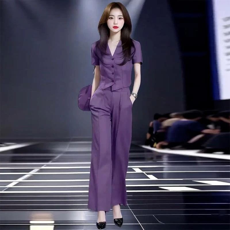 时尚套装女夏季新款洋气质减龄显瘦V领短袖衬衫高腰阔腿裤两件套