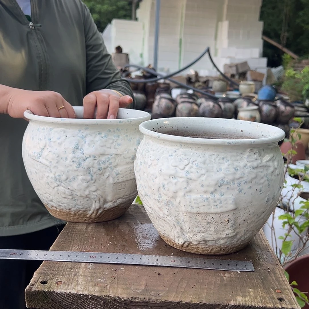 紫砂花盆口19高16两个白色房子