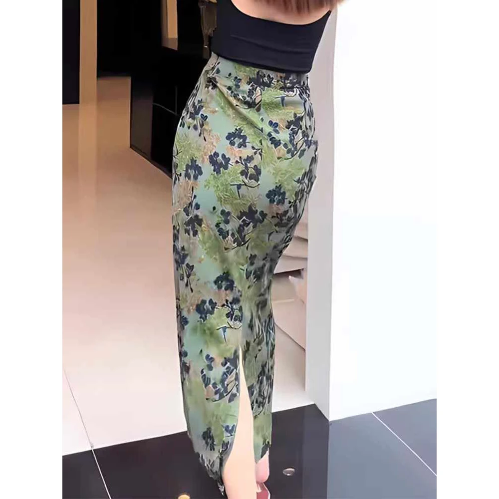 法式复古印花开叉半身裙女2025夏季新款高腰显瘦气质修身包臀长裙