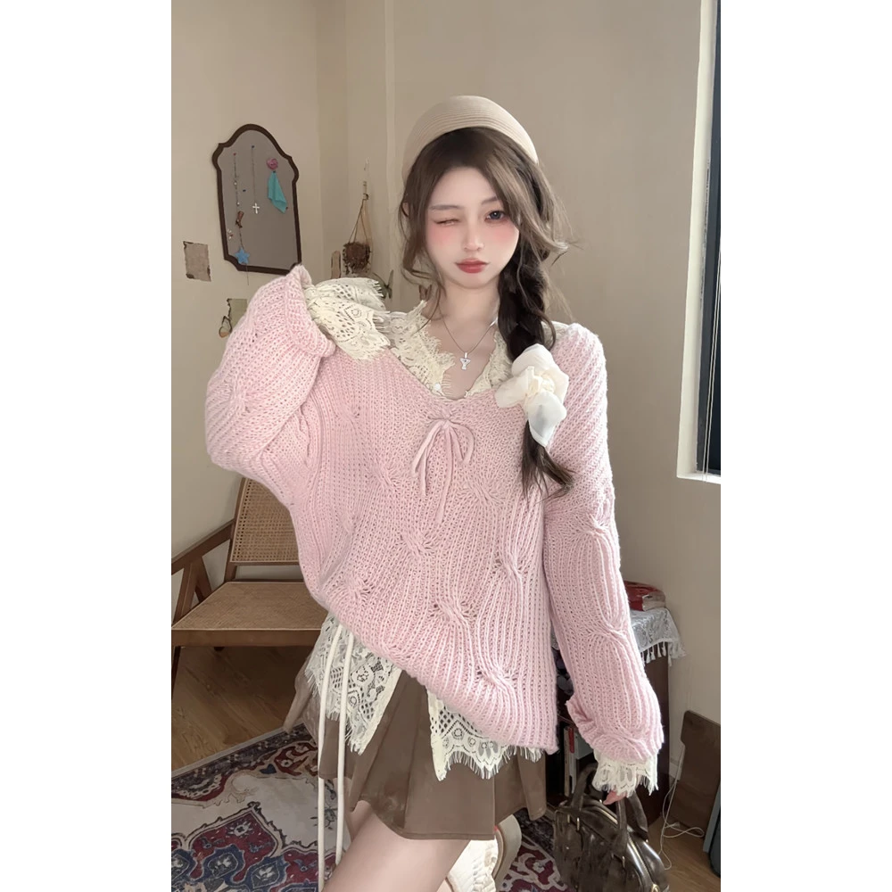 {荔枝气泡水}粉色宽松慵懒毛衣女秋冬款 甜美温柔设计感套头针织