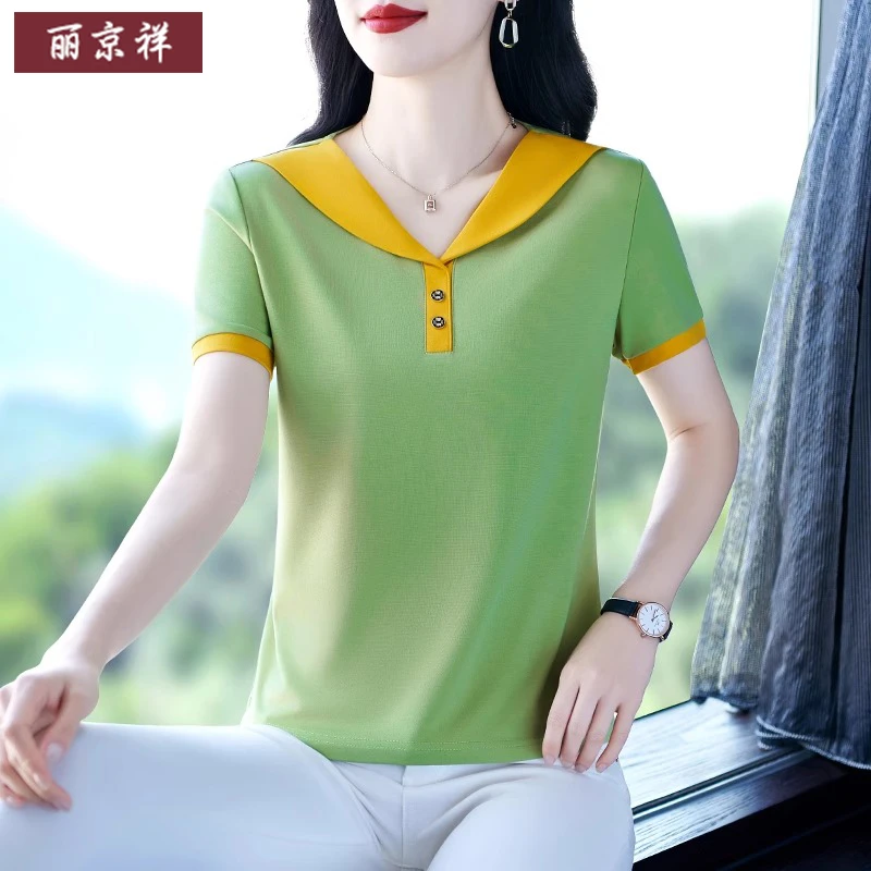 洋气妈妈装夏季冰丝女装短袖2025夏装新款上衣百搭中老年T恤