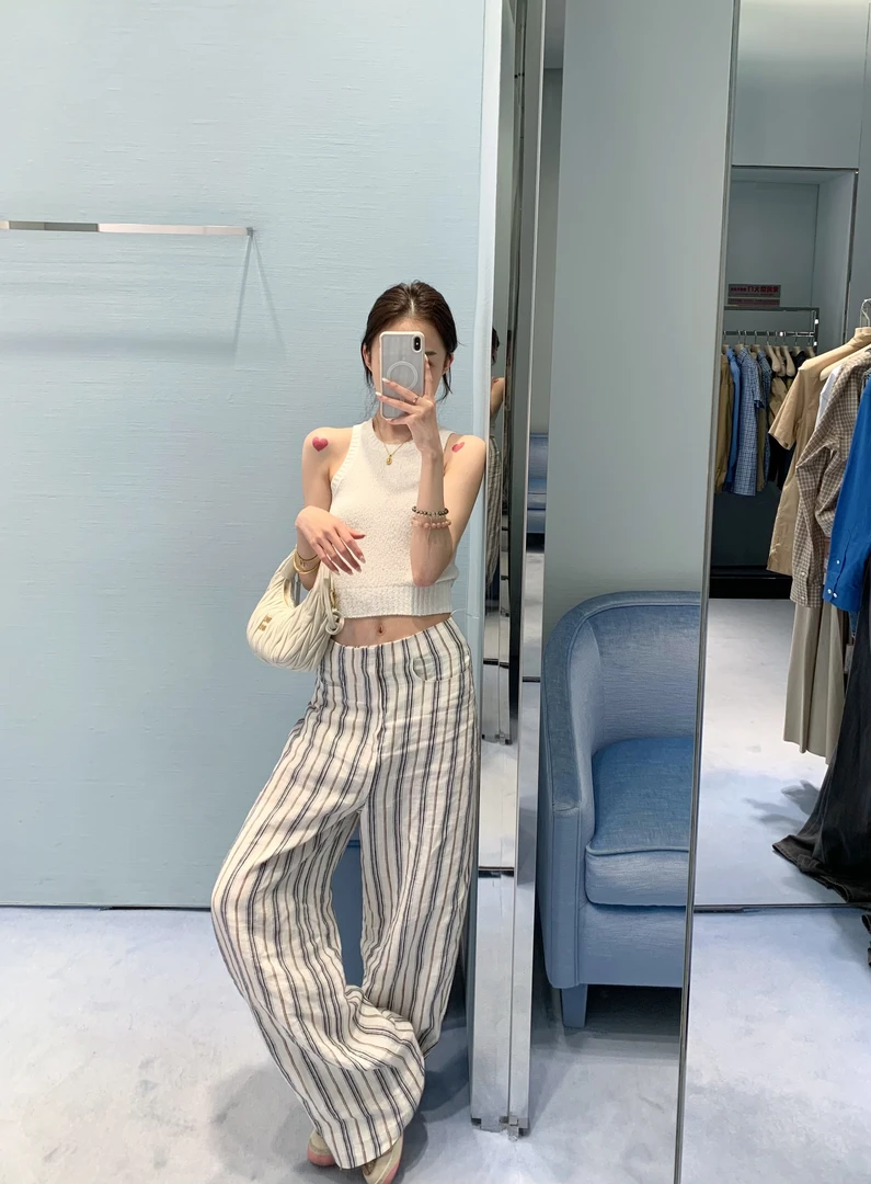 崔星星【红蓝调】色织亚麻百搭简约质感纵向竖条纹中高腰气质裤女