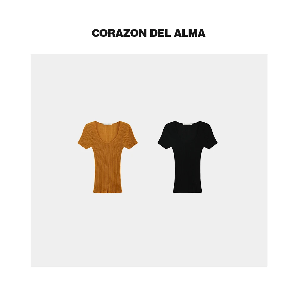 【橘朗】轻薄高弹大U领100莱赛尔显瘦抽条竖纹弹力毛织短袖T恤-AW67