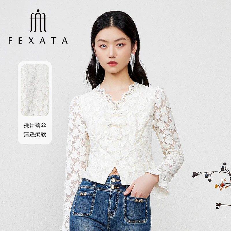 【媛媛女王严选】FEXATA斐格思花边国风白色短款蕾丝衬衫女