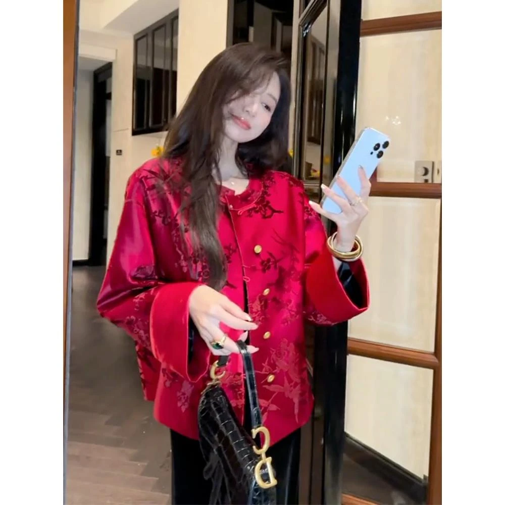 2025早春新款新中式国风唐装上衣重要场合红色盘扣印花短款外套女