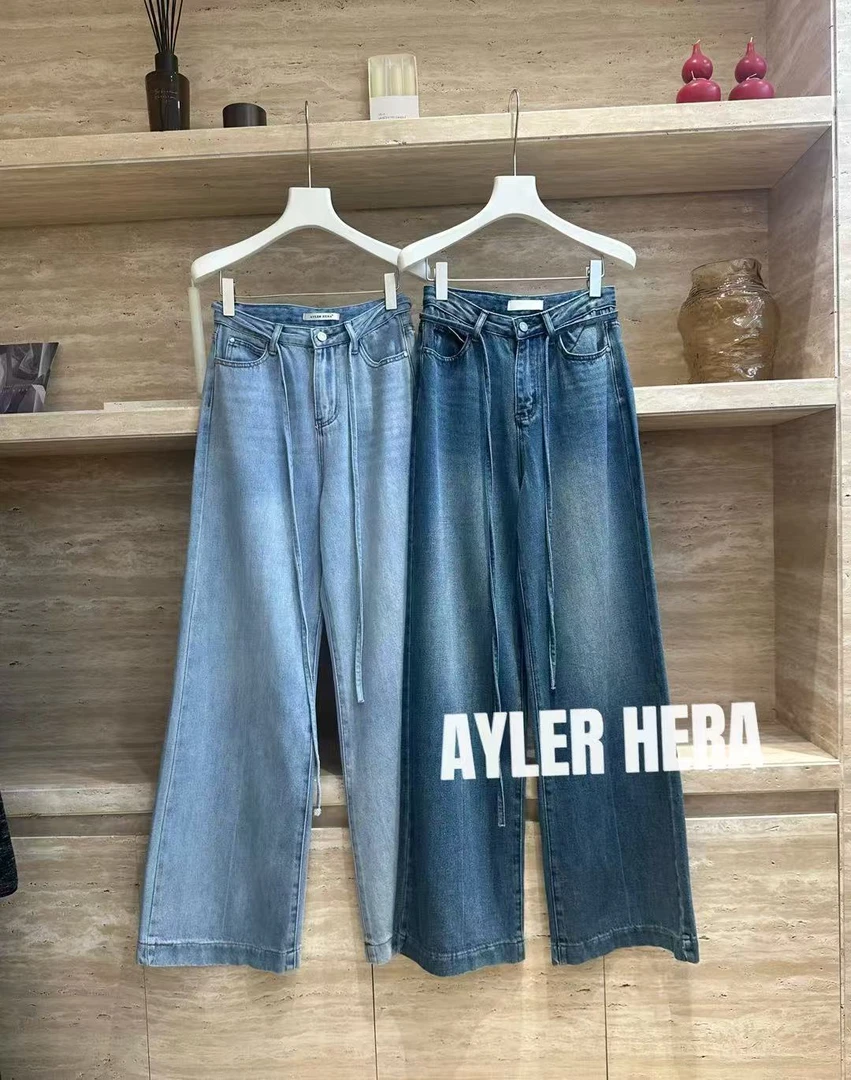 赫拉复古水洗腰带阔腿牛仔裤 N6052（福福）