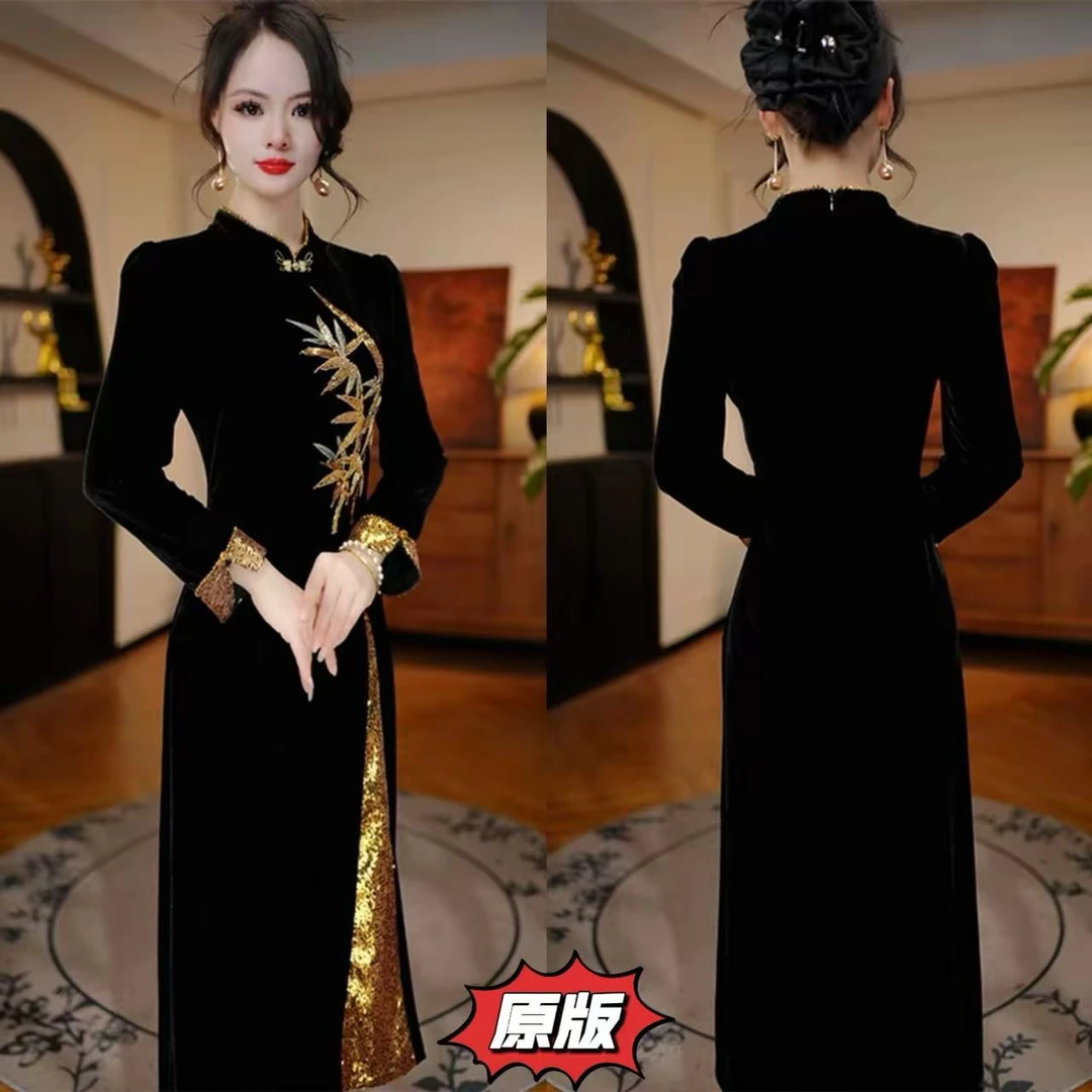 【金叶贵影】高档丝绒时尚国风旗袍裙2025秋季新款显瘦洋气减龄裙子