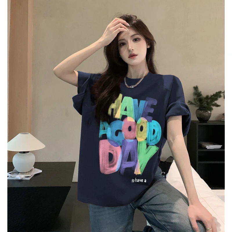 港风极简字母前后图案休闲t恤情侣装宽松上衣潮牌短袖百搭半袖衫
