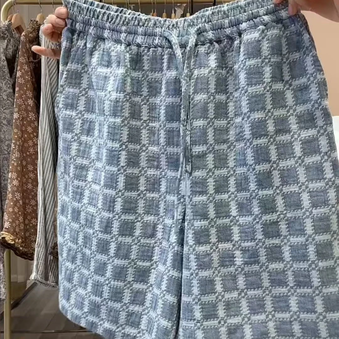 CJHong.棉麻格子短裤 休闲裤家居服宽松百搭 男女同款