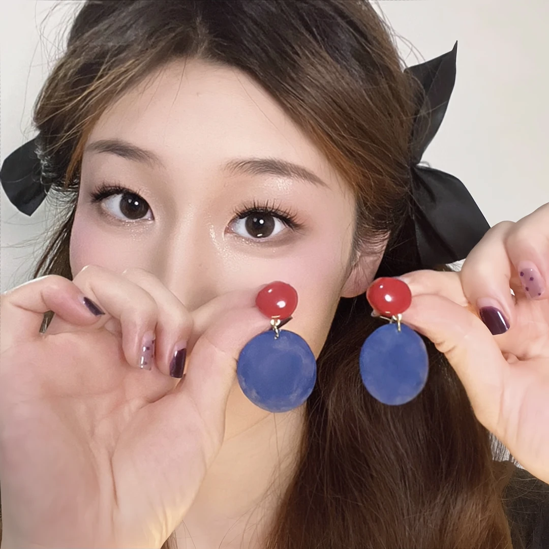 合金耳饰 港风复古红蓝撞色耳钉女水墨晕染圆片气质简约大圆圈雾