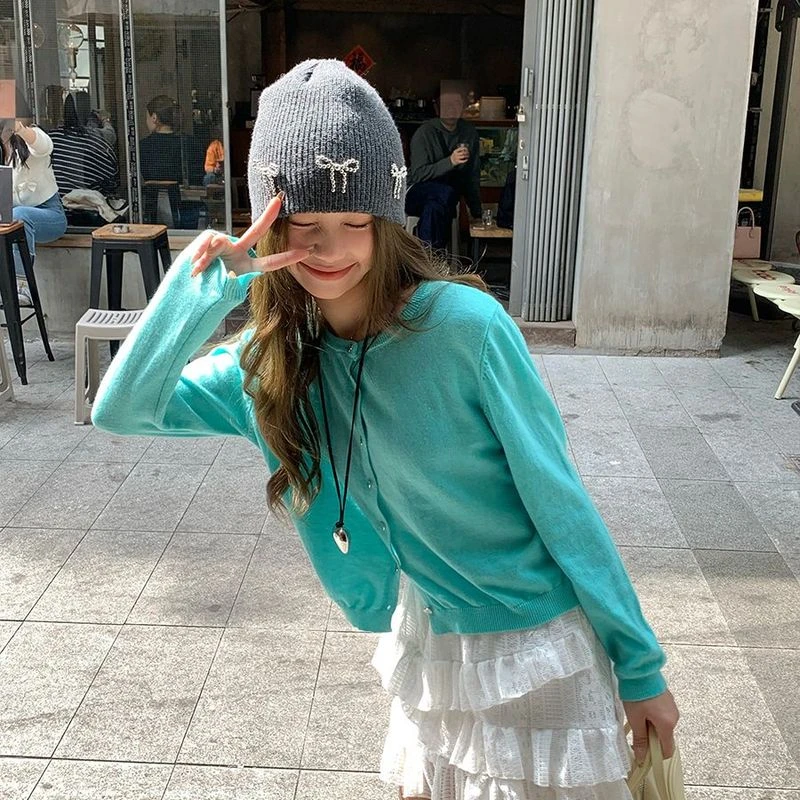 CCKOK 薄荷蓝绿爱心扣薄针织开衫2025春夏新款韩版修身显瘦外套女