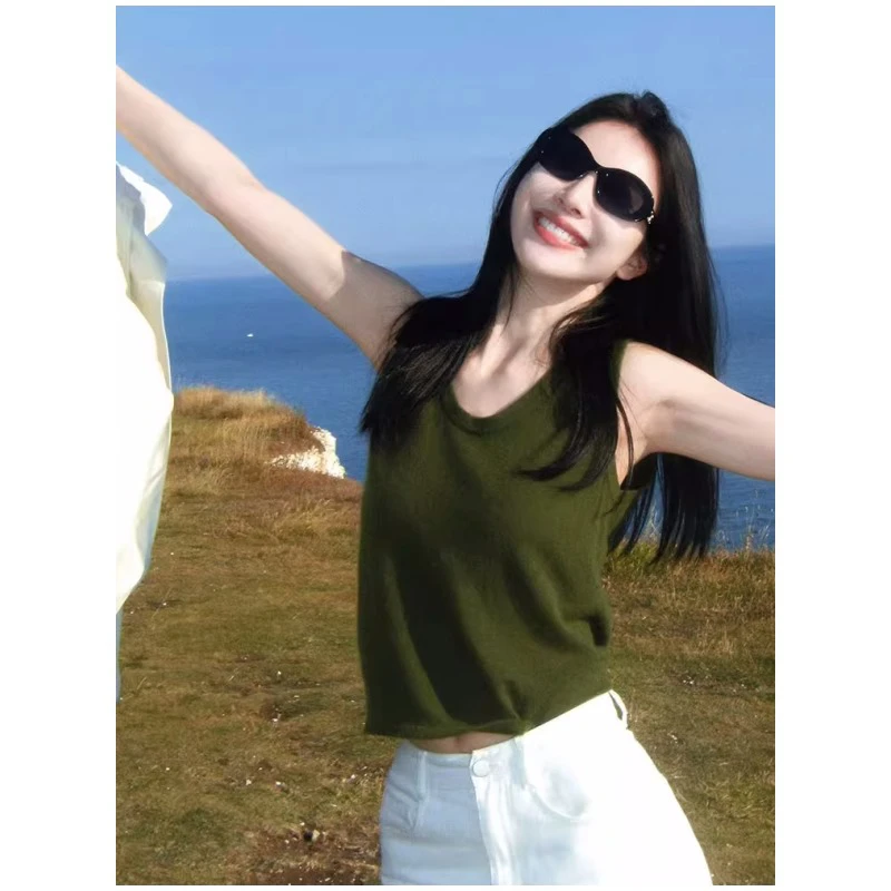 港风内搭性感绿色针织无袖小吊带背心女夏季坎肩外穿打底薄款上衣