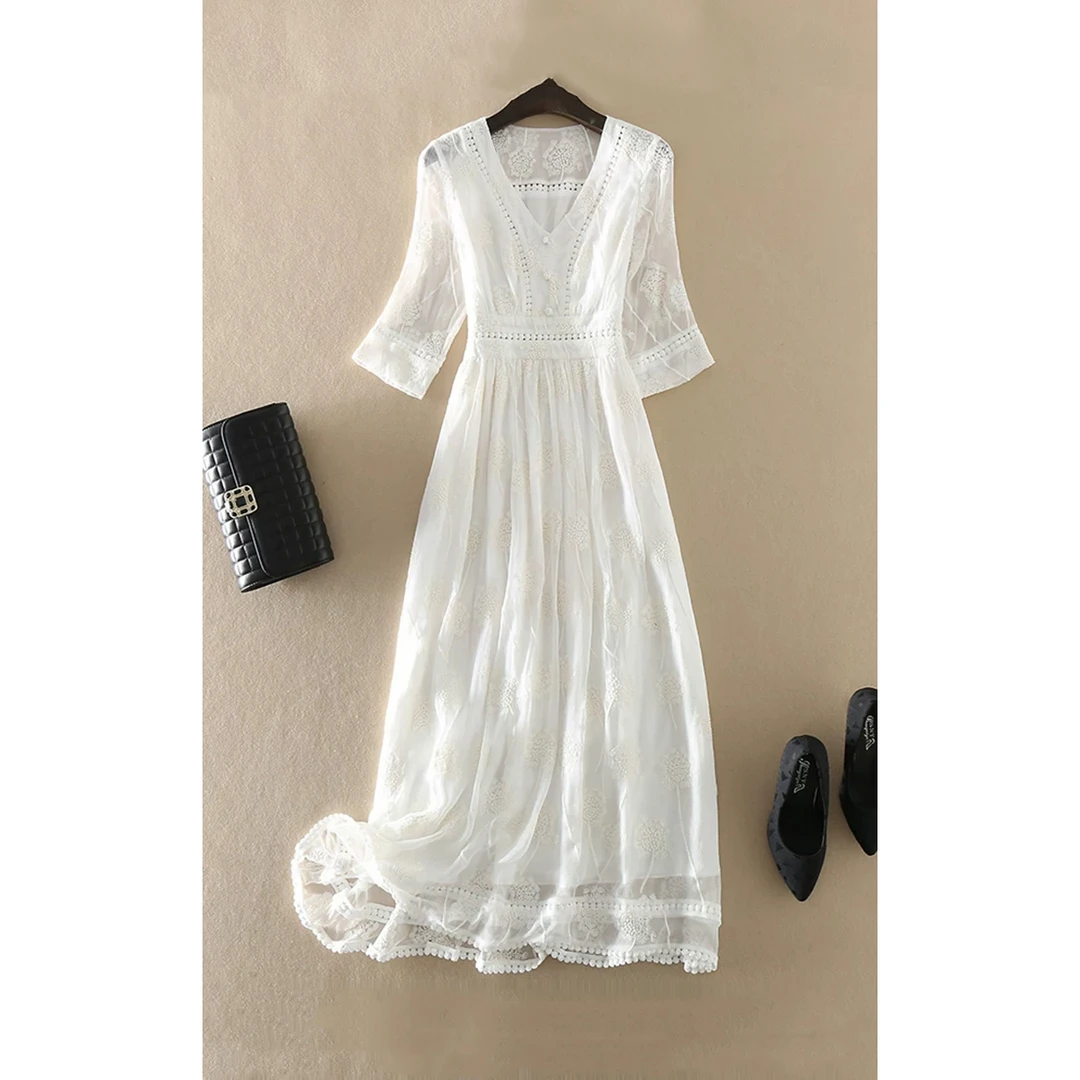 夏季女士100%桑蚕丝重工刺绣连衣裙V领气质优雅BB0291舒适透气