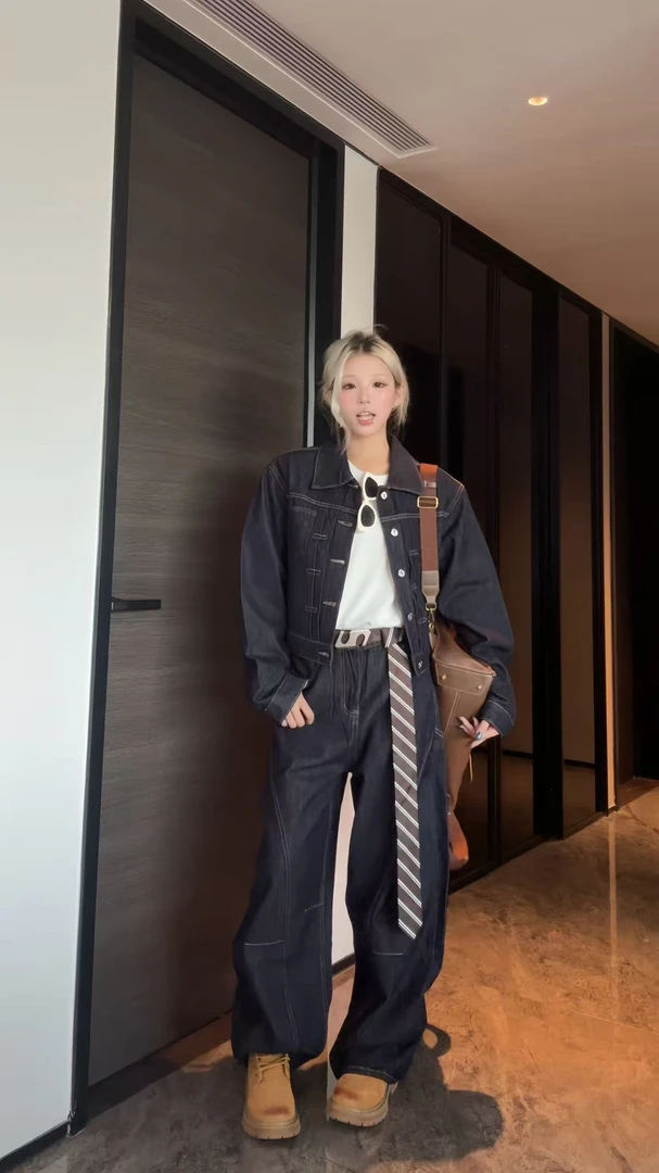 春秋复古原牛色牛仔穿搭套装高级感外套阔腿牛仔裤韩系百搭一整套