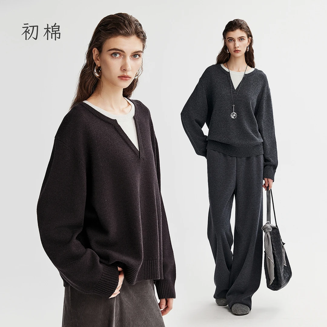 初棉【9.27上新】25秋羊毛撞色亨利领假两件针织衫366605029
