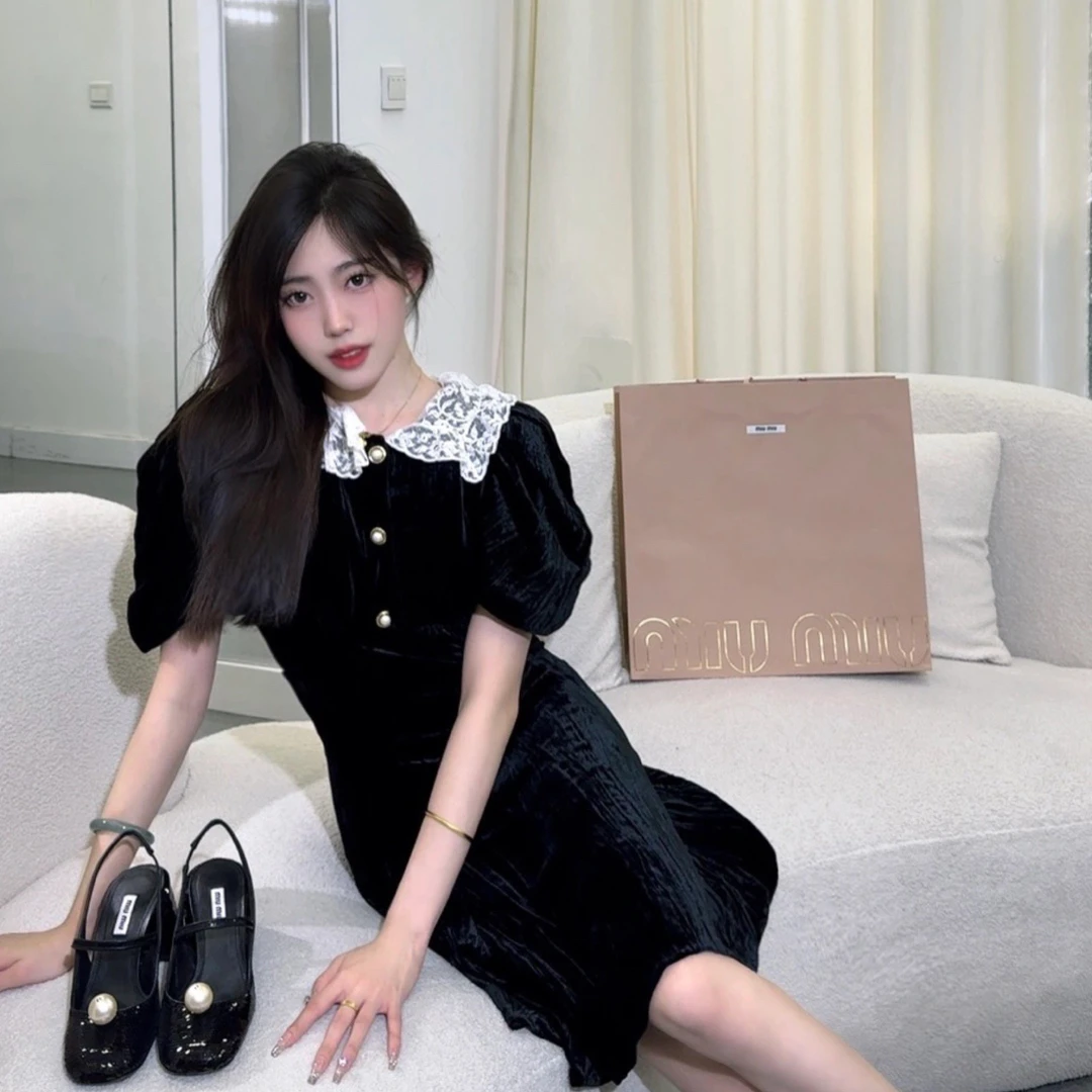99新 MIU MIU/缪缪 高公价黑色丝绒珍珠扣连衣裙/36码30275