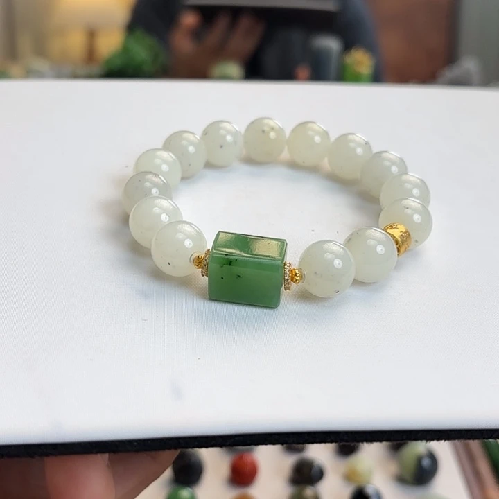和田玉（青白玉）银S925镶嵌手链12mm新疆点墨青花