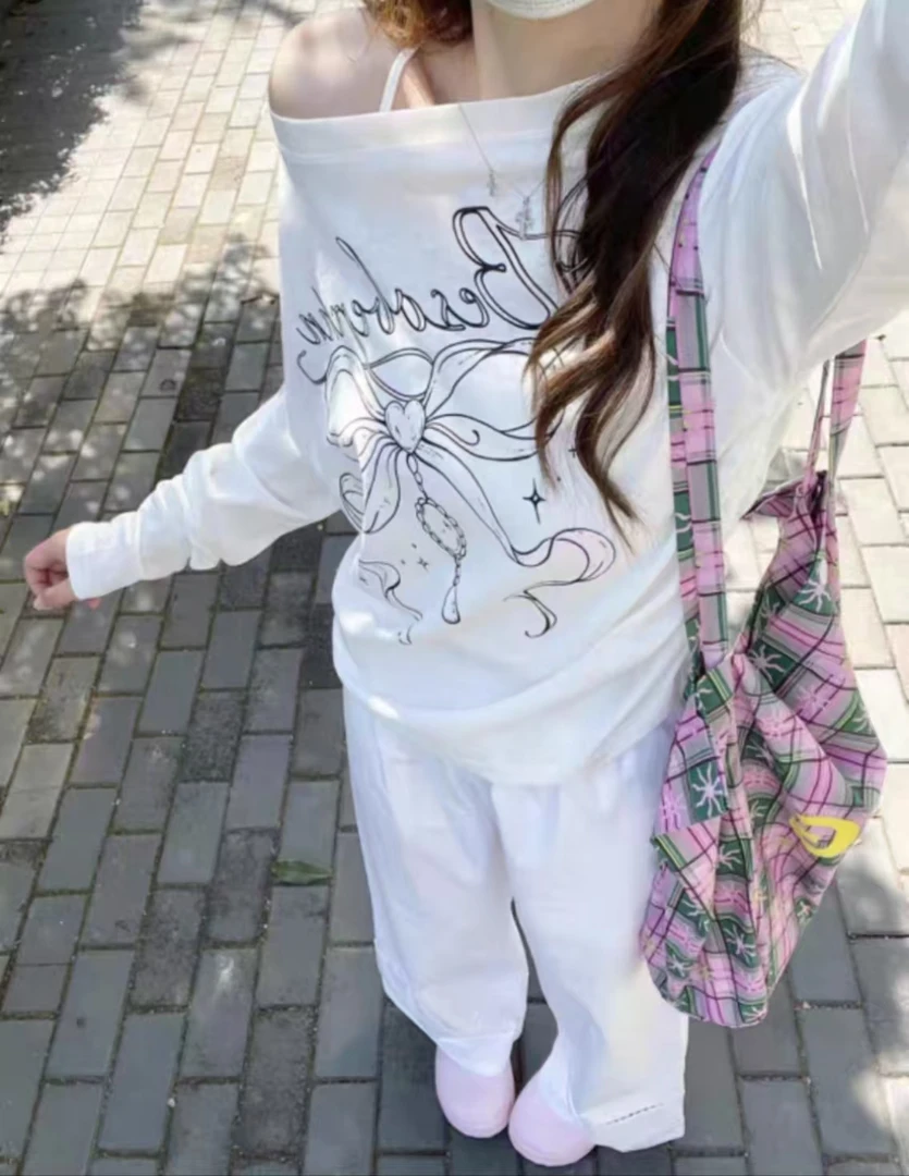 士云美式复古辣妹长袖夏季宽松大码防晒印花上衣90032