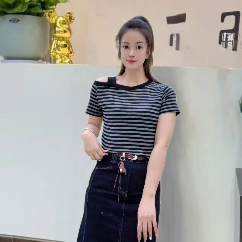 [婷婷家]修身条纹体恤，显瘦气质百搭时尚休闲短款女士