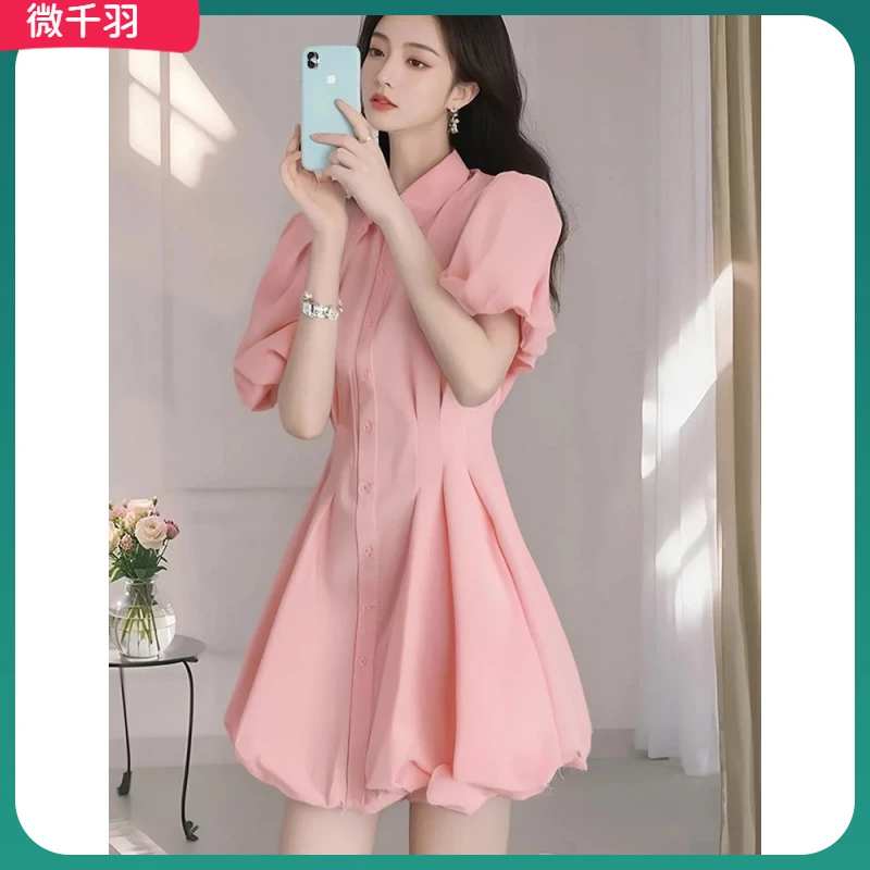 1绝美粉色夏季连衣裙2025新款法式气质衬衫裙显瘦收腰度假裙子l