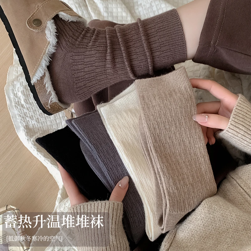 秋冬加绒加厚女士暖绒中筒袜双针堆堆袜长筒袜保暖防寒月子袜百搭