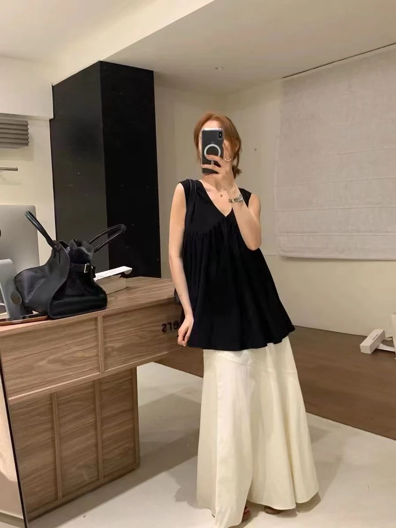 MEENI@A675 法式V领无袖背心小衫上衣配发圈 6-8