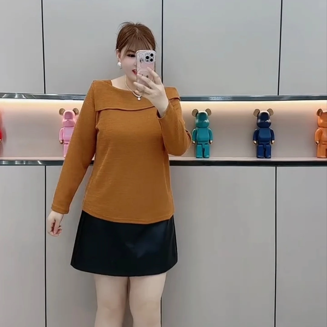 大码女装早秋新款洋气显瘦拼接大领彩色打底上衣1600