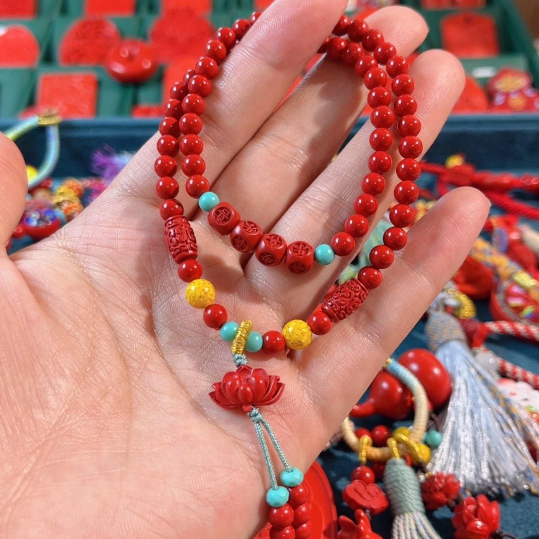 天然辰砂含辰砂工艺品卡5平安喜乐双圈手串