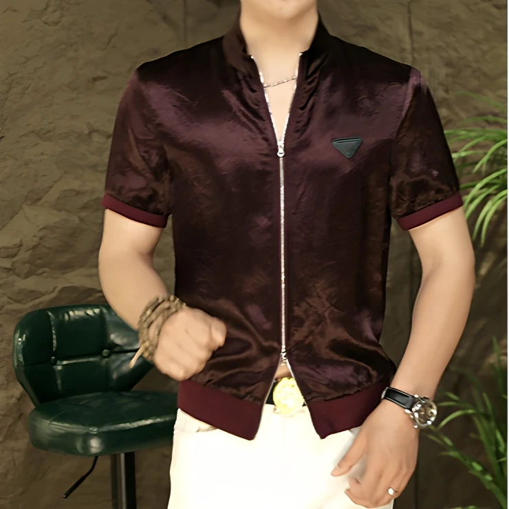 100%真醋酸胸标p拉达工艺双拉链设计胸口口袋短袖夹克T恤男士夏季