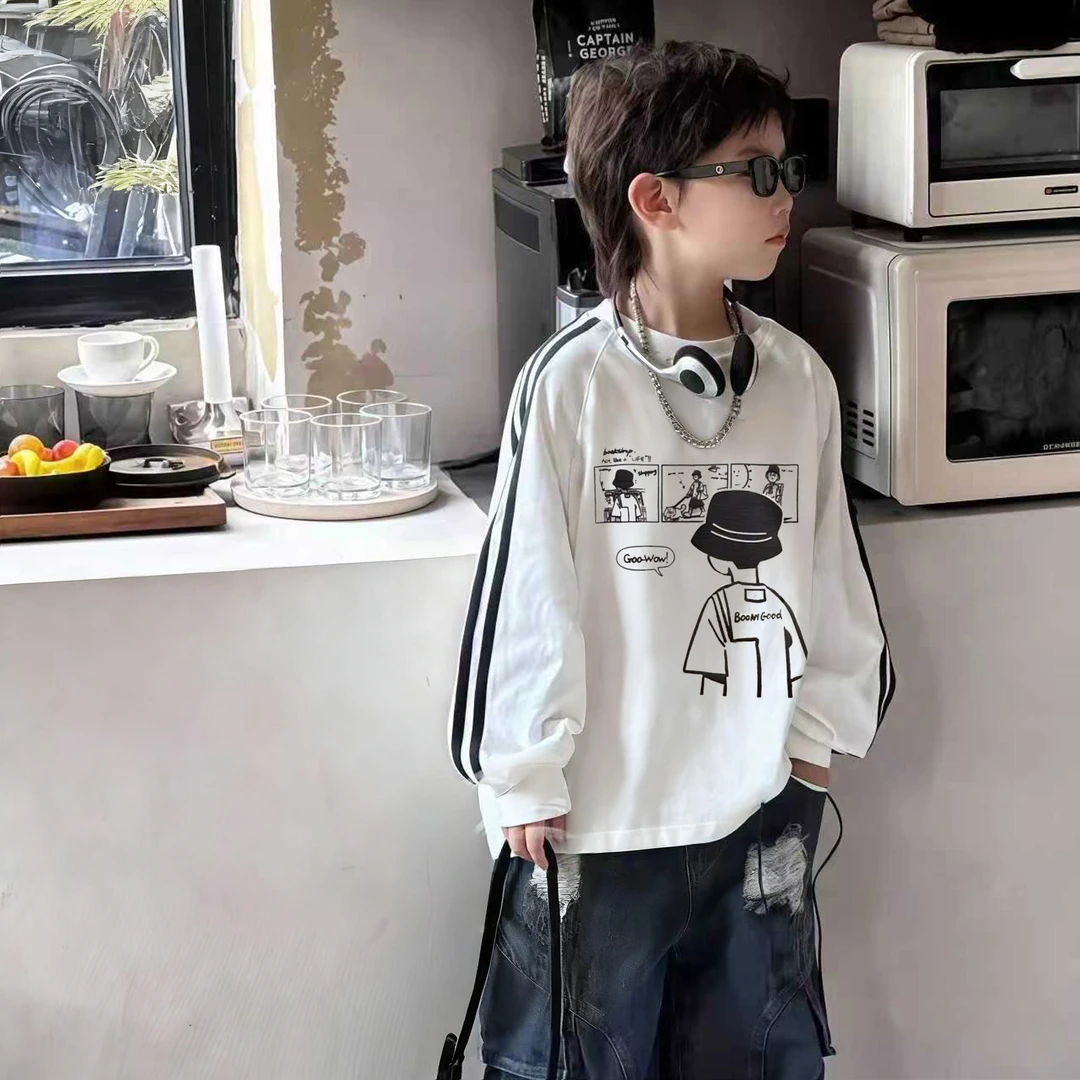 儿童春秋装纯棉长袖T恤2025新款中大童洋气印花上衣男孩时髦童装t
