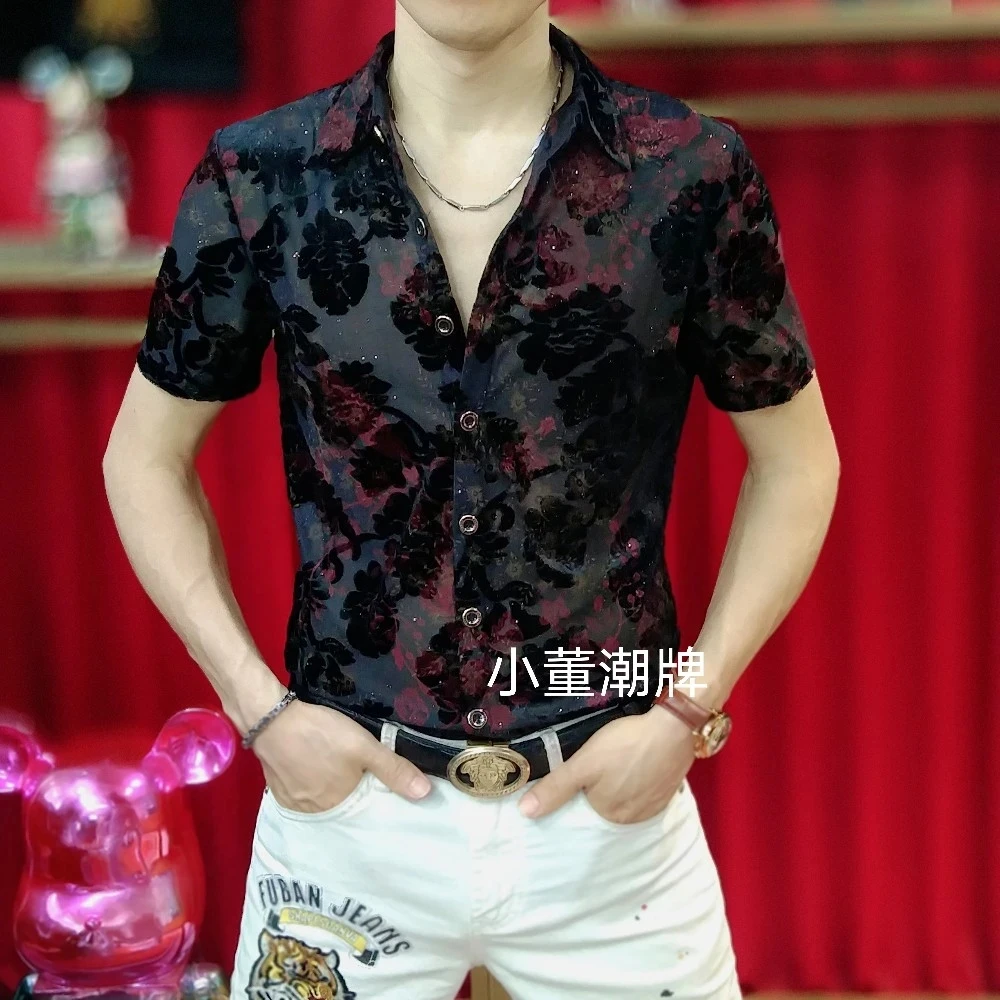 欧洲站夏季男士新款时尚休闲提花翻领百搭修身帅气薄款网红衬衫潮