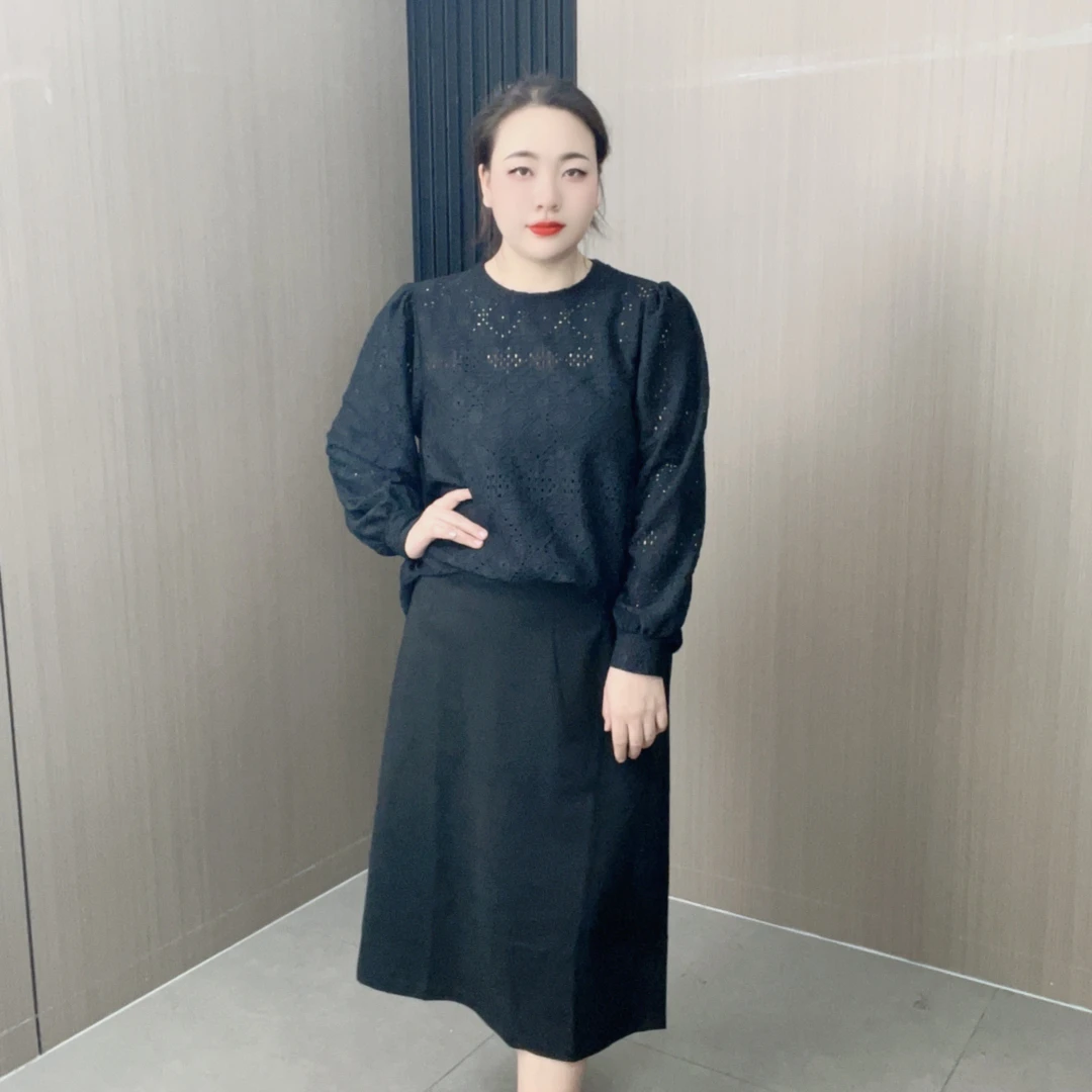 【乔姐严选0068】磨毛百搭常规圆领长袖蕾丝衬衫重工中长款上衣秋季