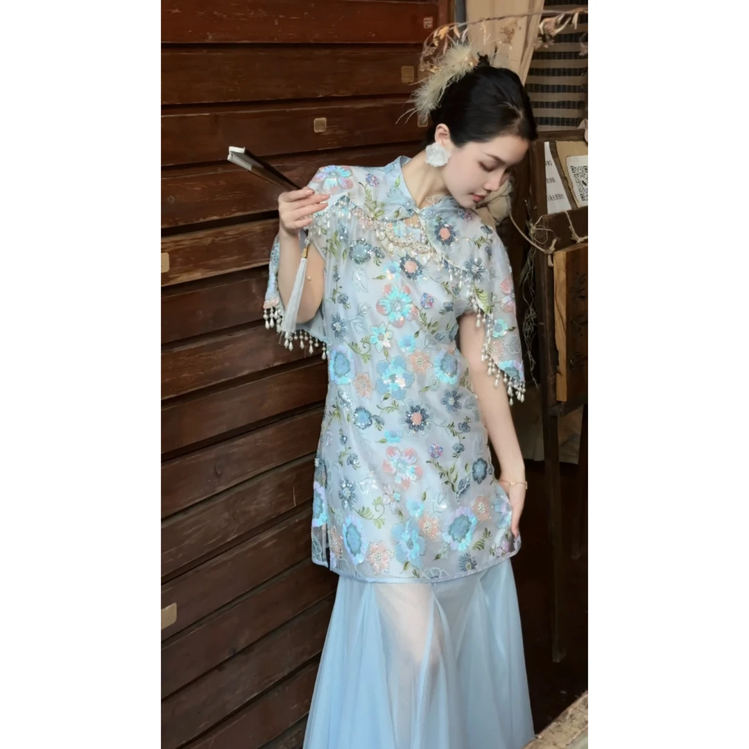 Mill Lin【国色芳华】国风新中式重工刺绣花朵定制连衣裙套装