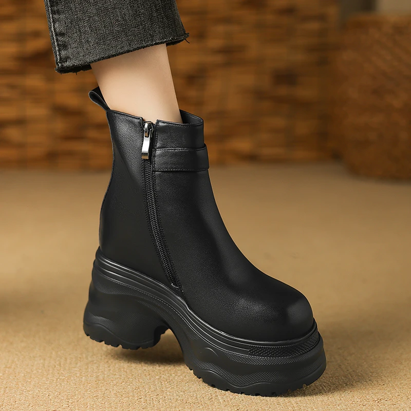 12cm舒适厚底内增高短靴女春秋单靴真皮显瘦高跟靴子松糕底马丁靴