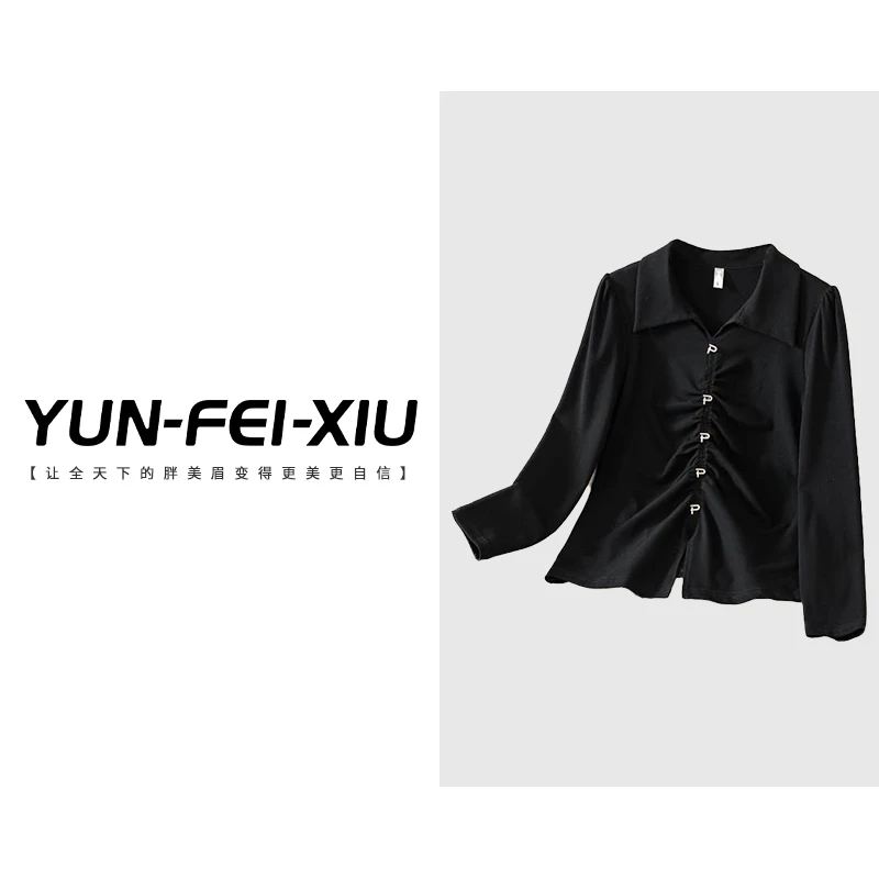 云妃秀大码女装衬衫宽松气质微胖褶皱百搭减龄显瘦遮肉春季20039