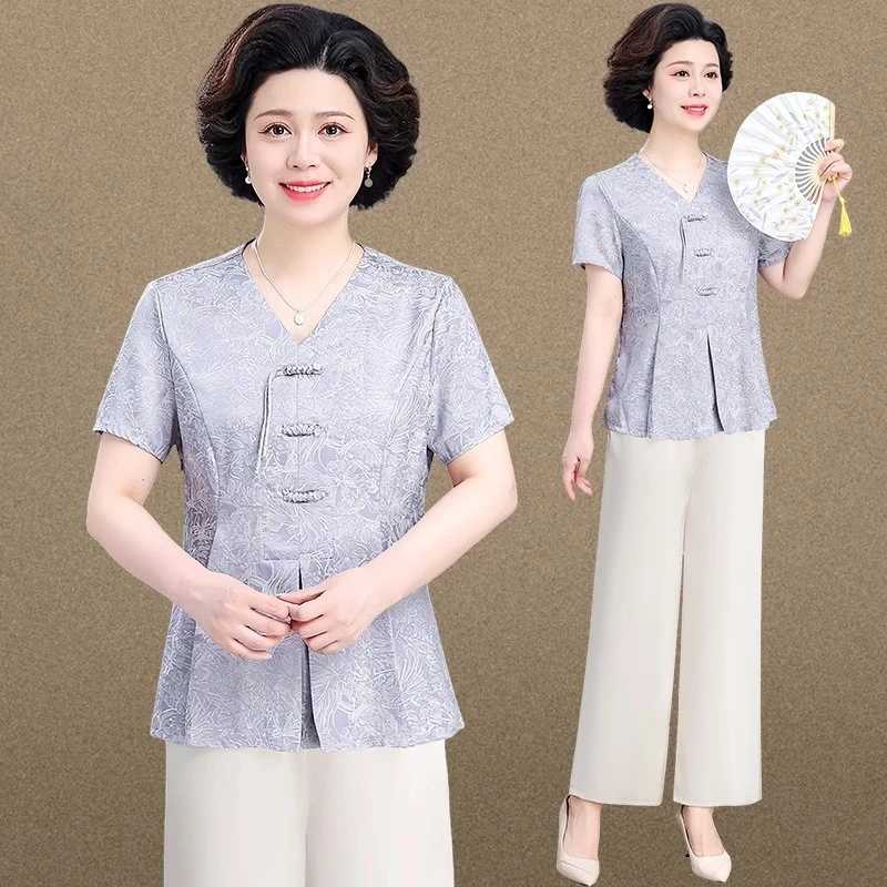 新中式妈妈夏装套装2025新款中老年女夏季短袖小衫洋气国风两件套