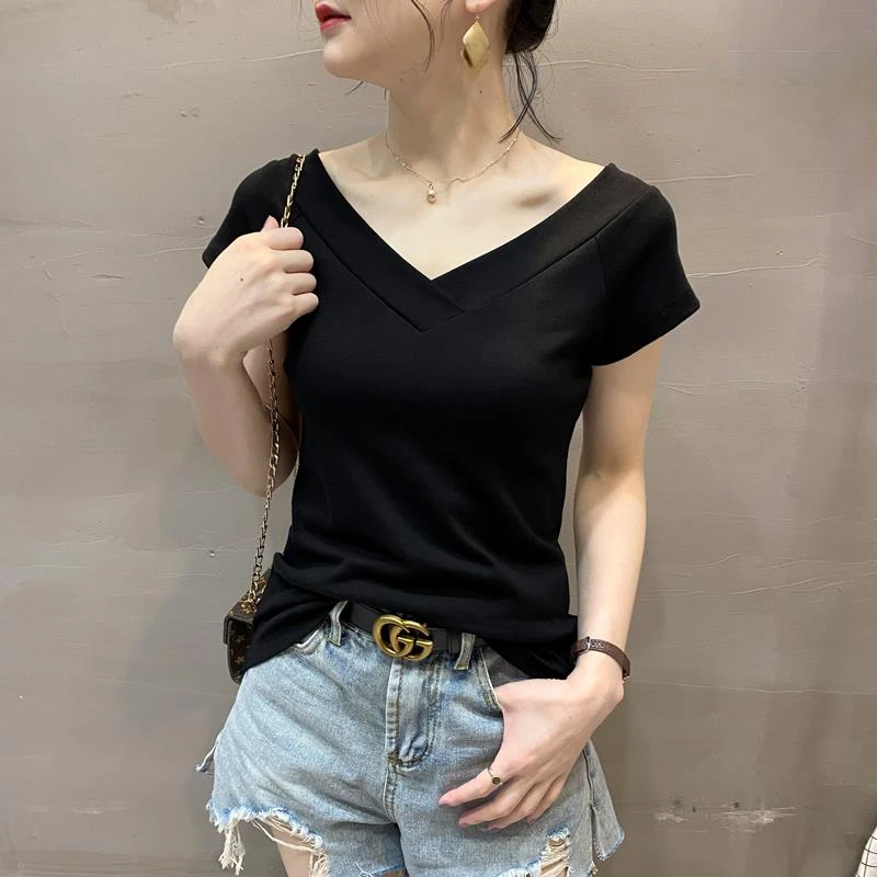 HTKD双V领短袖T恤女2025夏季新款设计感一字肩体恤棉质黑色露背上
