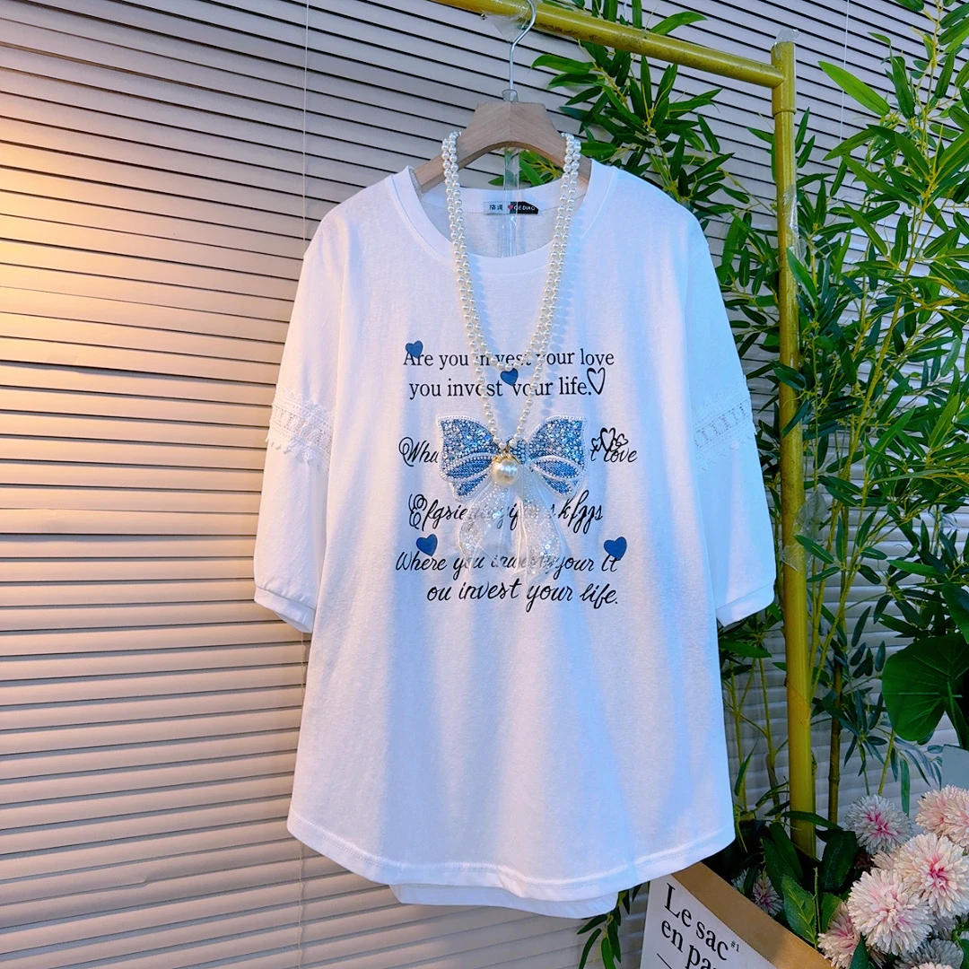 25145胖mm欧货时尚设计感重工烫钻蝴蝶圆领纯色宽松遮肉百搭短袖