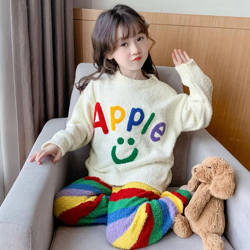 半边绒毛衣童装居家服套装睡衣保暖加厚儿童加绒宝宝两件套套头棉