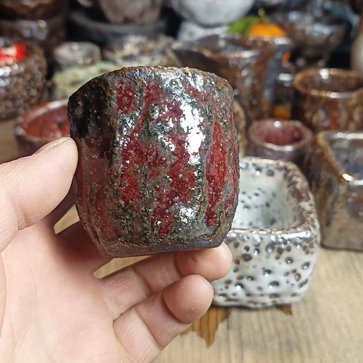 折志野柴烧手捏主人杯黑**画